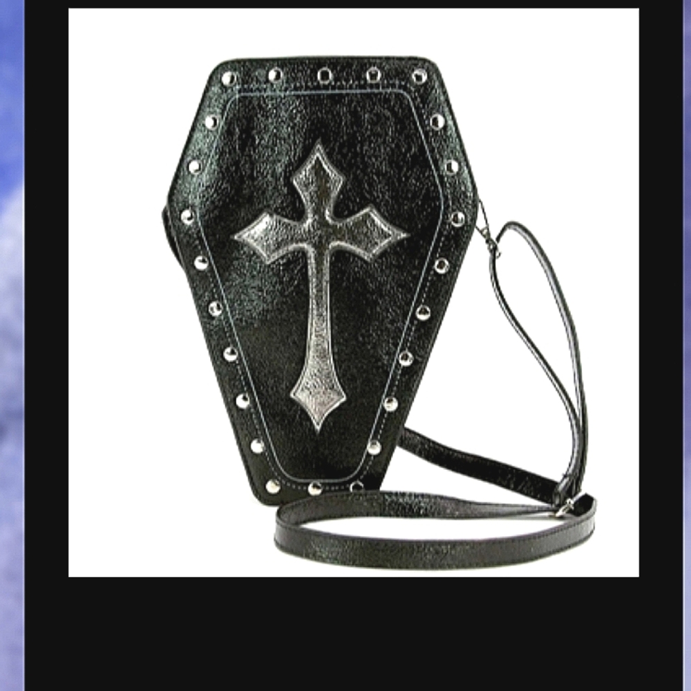 Metallic Cross Coffin Crossbody Purse or Backpack, 8.5" x 5 x 12, Black